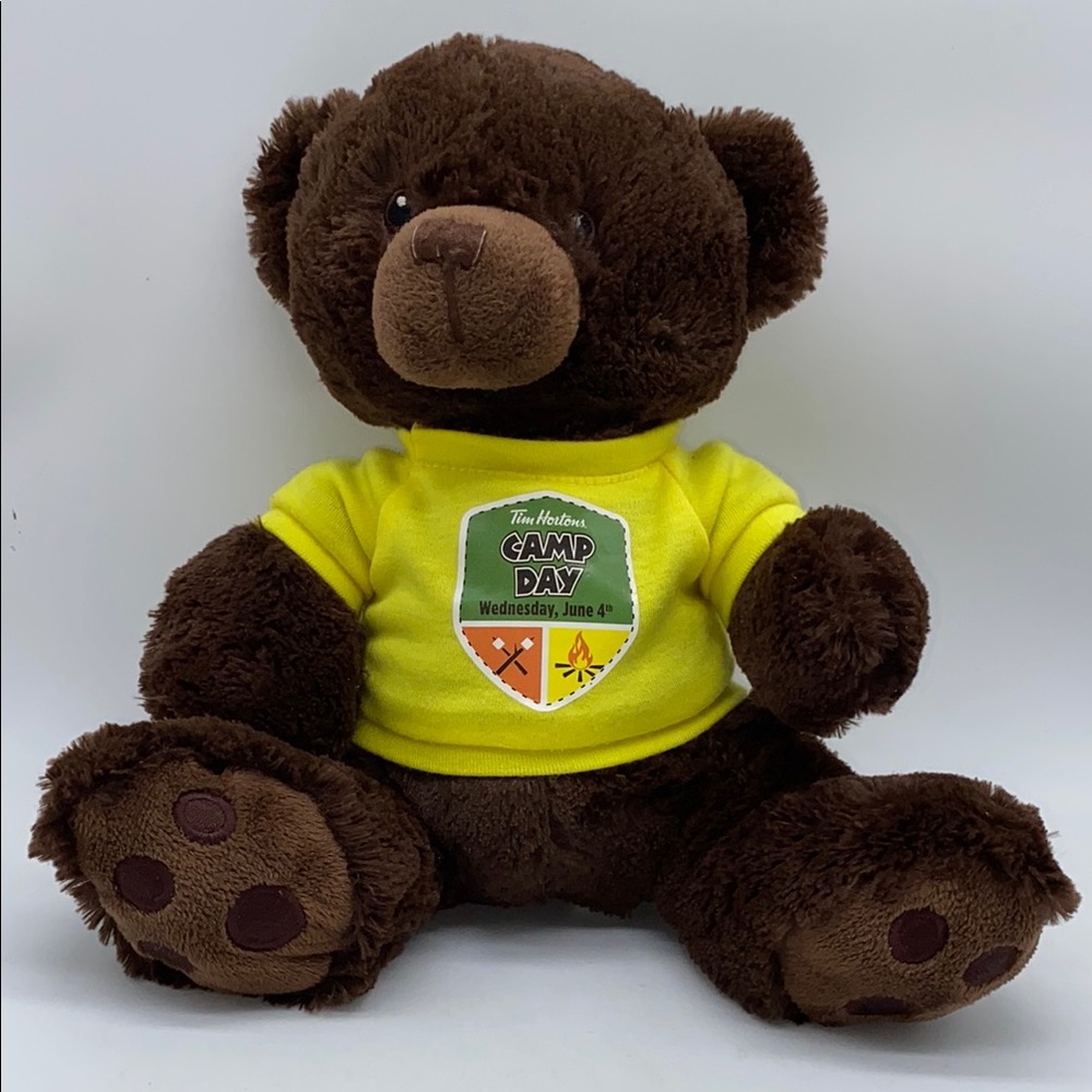 Tim Hortons Camp Day Brown Plush Teddy Bear with Yellow Shirt Stuffed Animal 9”